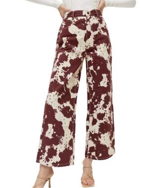 BDG High-Rise Wide-Leg Cow-Spot Pants in Burgundy and Cream
